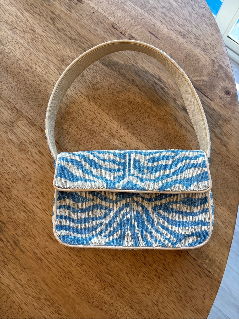 STAUD Blue and White Zebra-Beaded Shoulder Bag